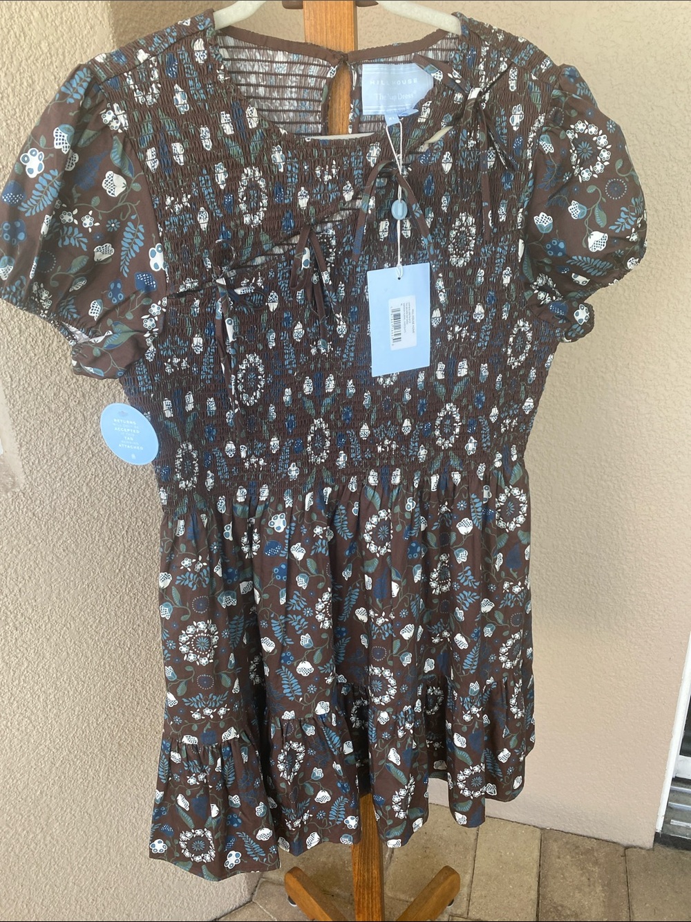 Hill House Brown Floral Smocked Mini Dress with Blue & White Accents